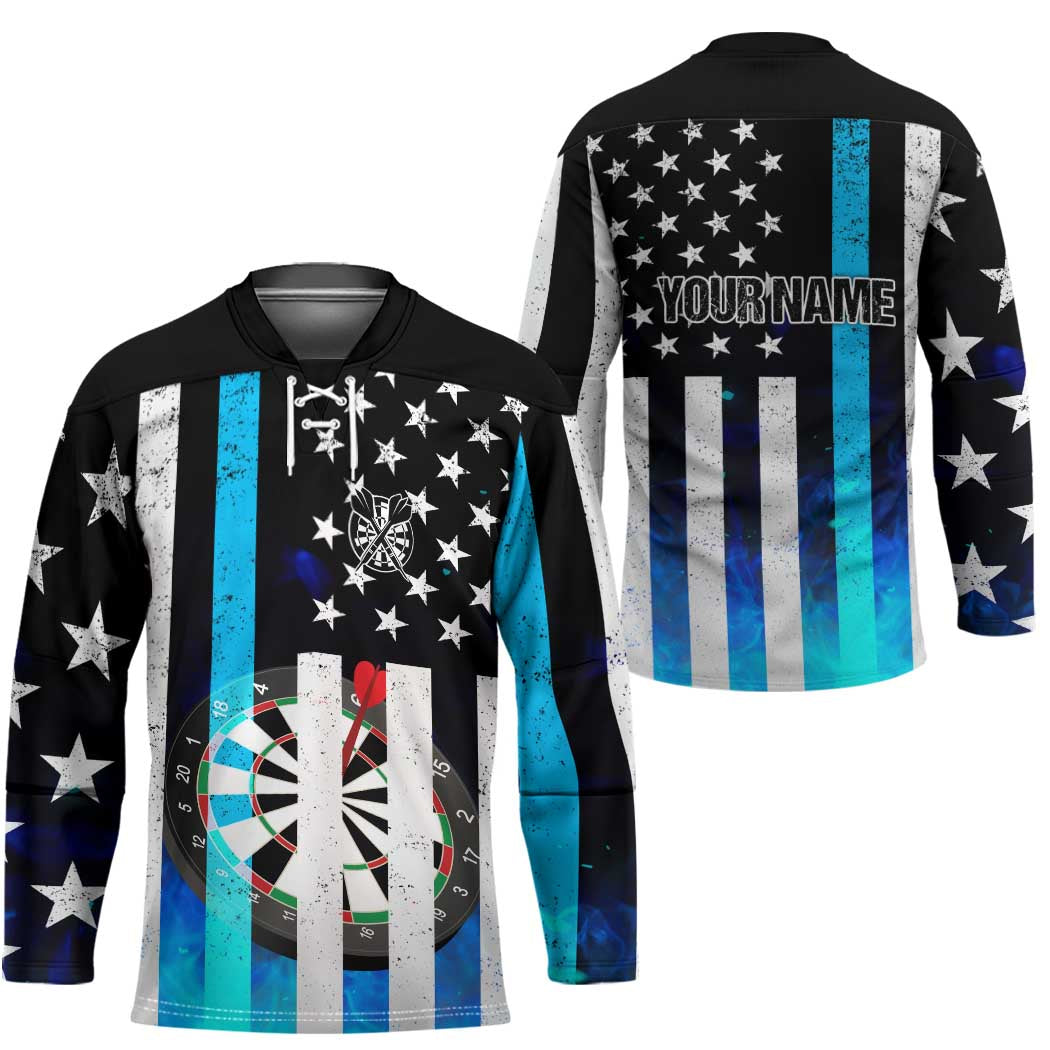 Personalized Blue Flame American Flag Dart Hockey Jersey Patriotic Dartboard Design - Wonder Print Shop