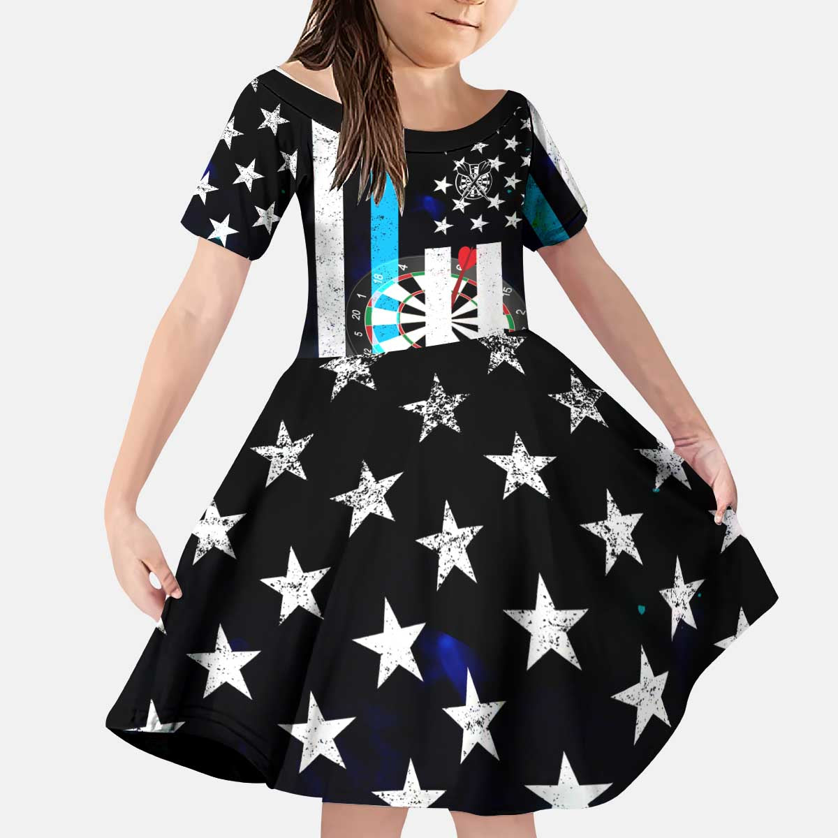 Personalized Blue Flame American Flag Dart Kid Short Sleeve Dress Patriotic Dartboard Design - Wonder Print Shop