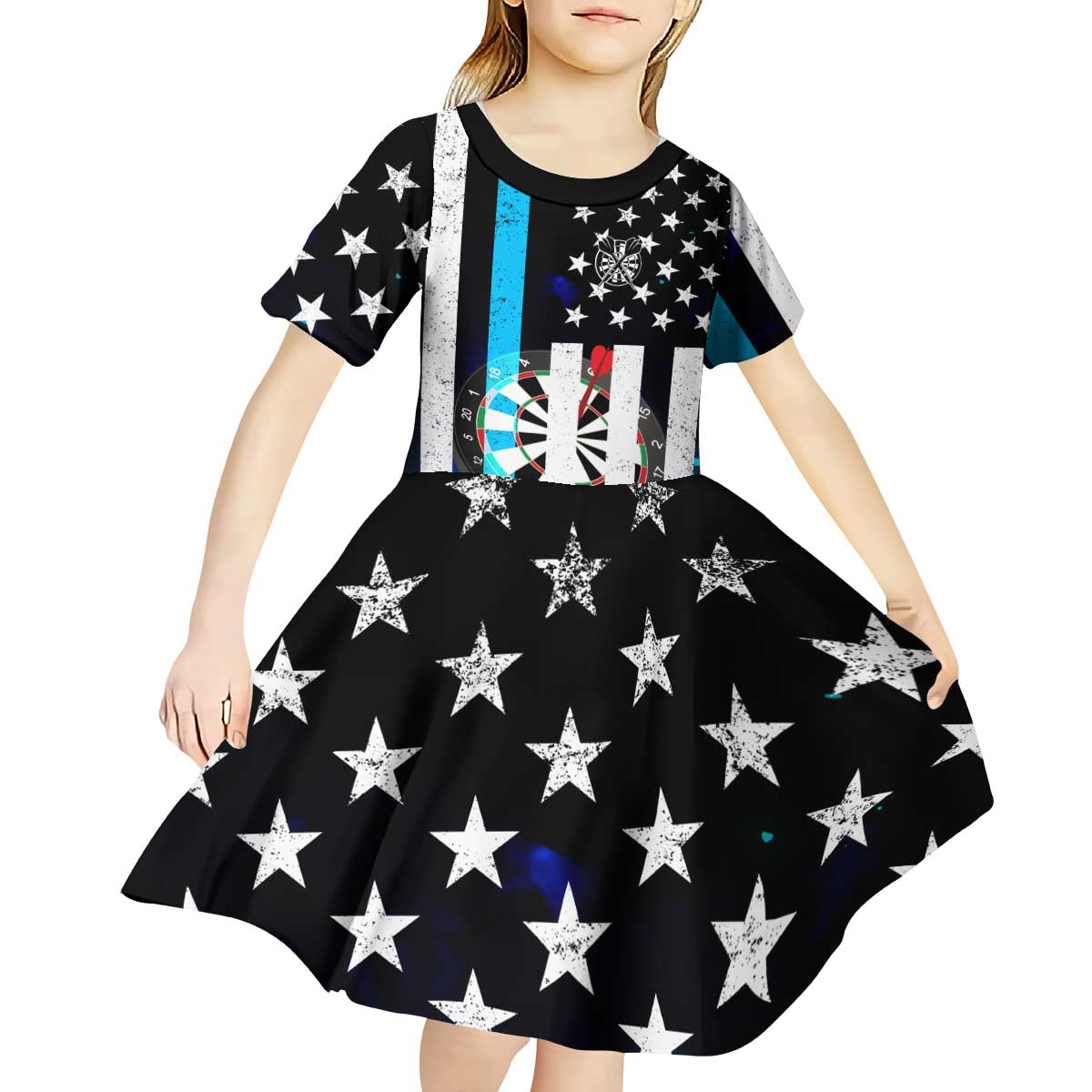 Personalized Blue Flame American Flag Dart Kid Short Sleeve Dress Patriotic Dartboard Design - Wonder Print Shop