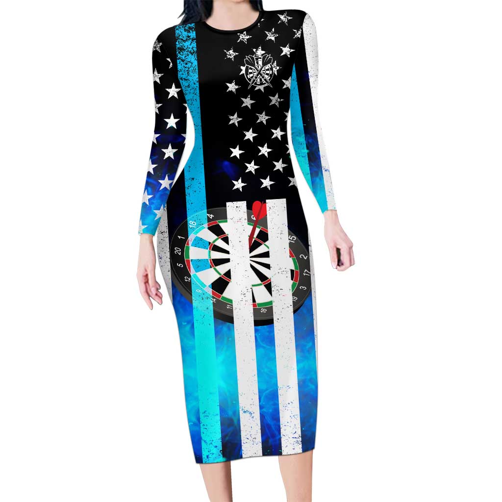 Personalized Blue Flame American Flag Dart Long Sleeve Bodycon Dress Patriotic Dartboard Design - Wonder Print Shop