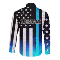 Personalized Blue Flame American Flag Dart Long Sleeve Button Shirt Patriotic Dartboard Design - Wonder Print Shop