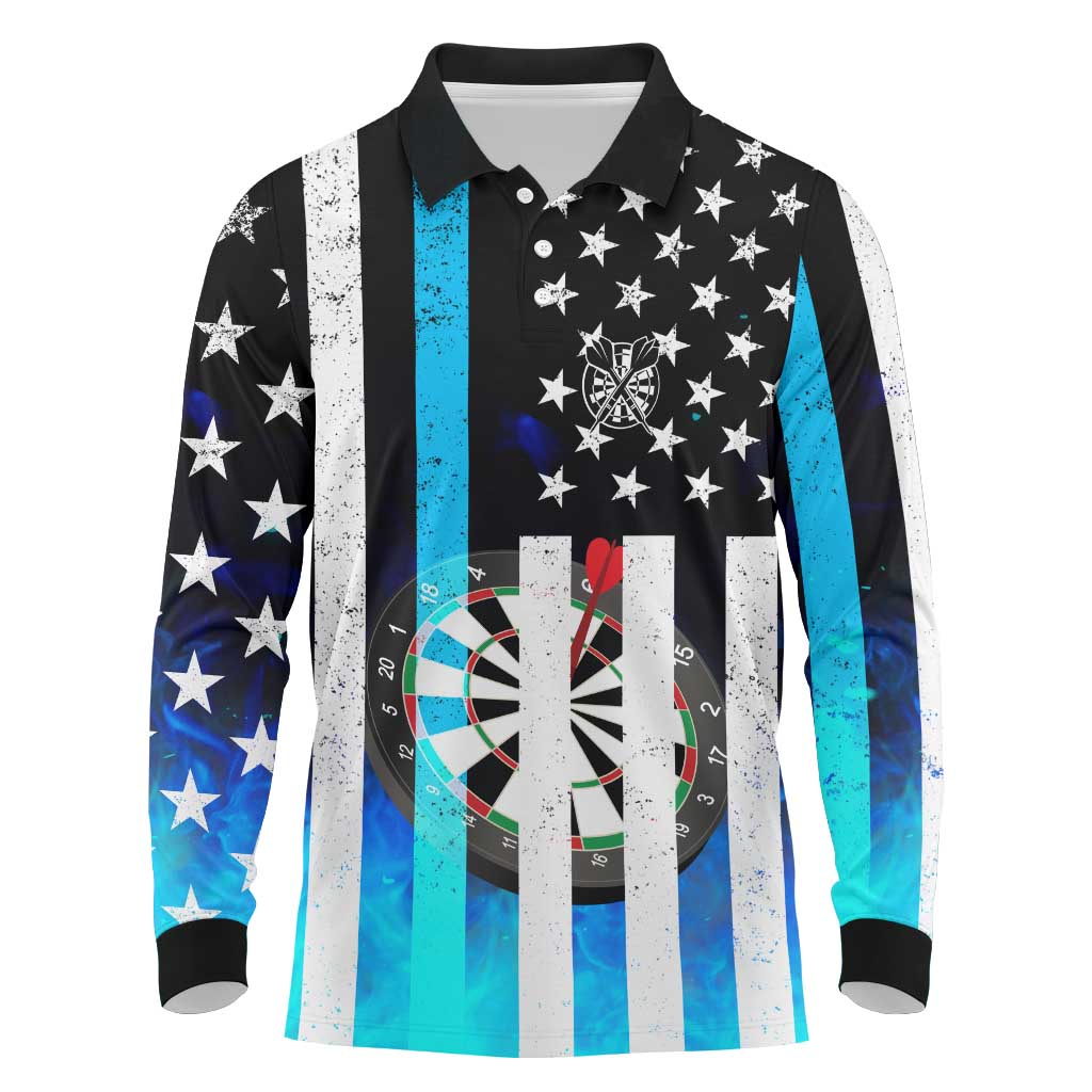 Personalized Blue Flame American Flag Dart Long Sleeve Polo Shirt Patriotic Dartboard Design - Wonder Print Shop
