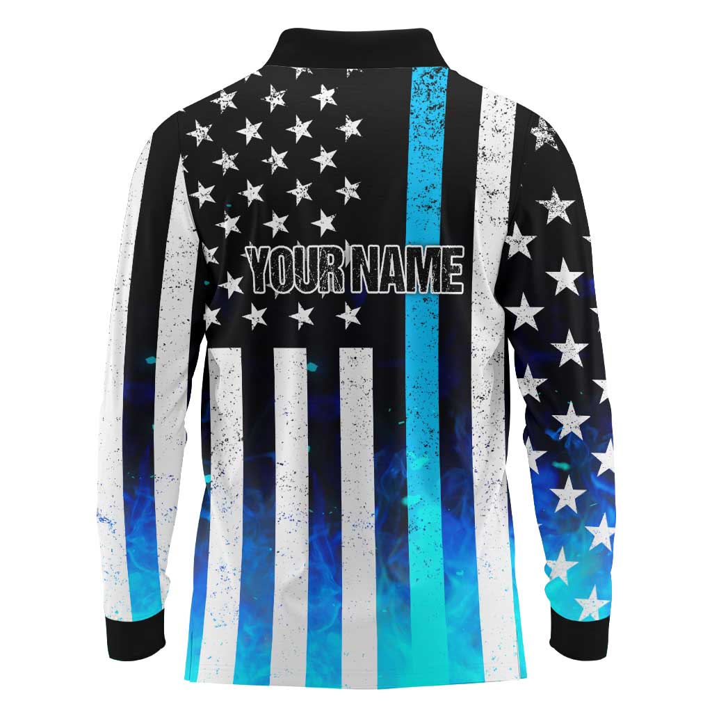 Personalized Blue Flame American Flag Dart Long Sleeve Polo Shirt Patriotic Dartboard Design - Wonder Print Shop