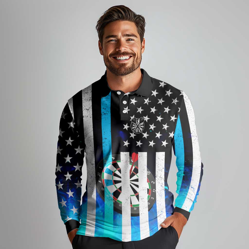 Personalized Blue Flame American Flag Dart Long Sleeve Polo Shirt Patriotic Dartboard Design - Wonder Print Shop