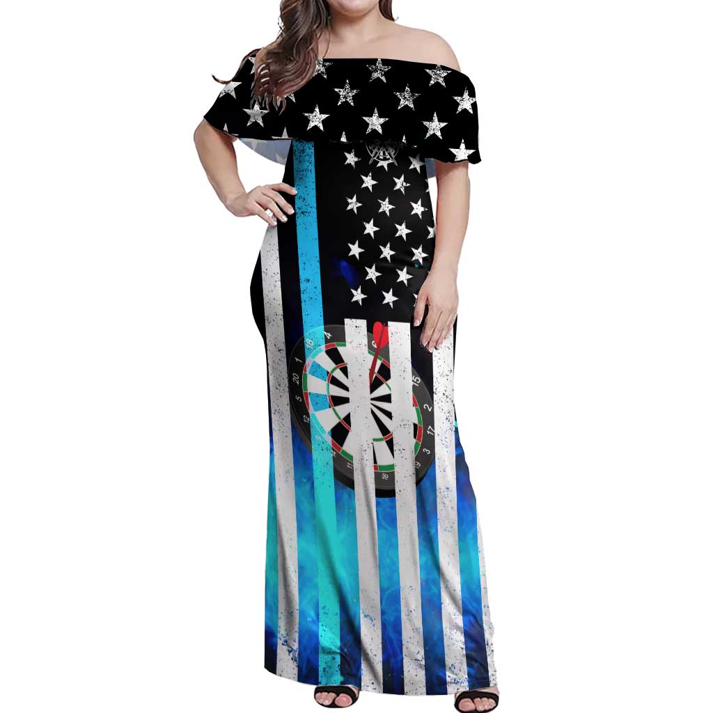 Personalized Blue Flame American Flag Dart Off Shoulder Maxi Dress Patriotic Dartboard Design - Wonder Print Shop