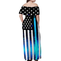 Personalized Blue Flame American Flag Dart Off Shoulder Maxi Dress Patriotic Dartboard Design - Wonder Print Shop