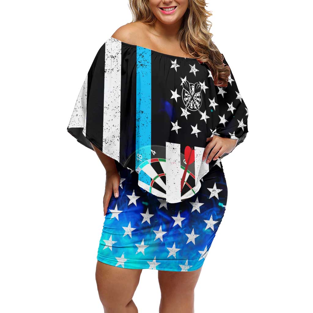 Personalized Blue Flame American Flag Dart Off Shoulder Short Dress Patriotic Dartboard Design - Wonder Print Shop