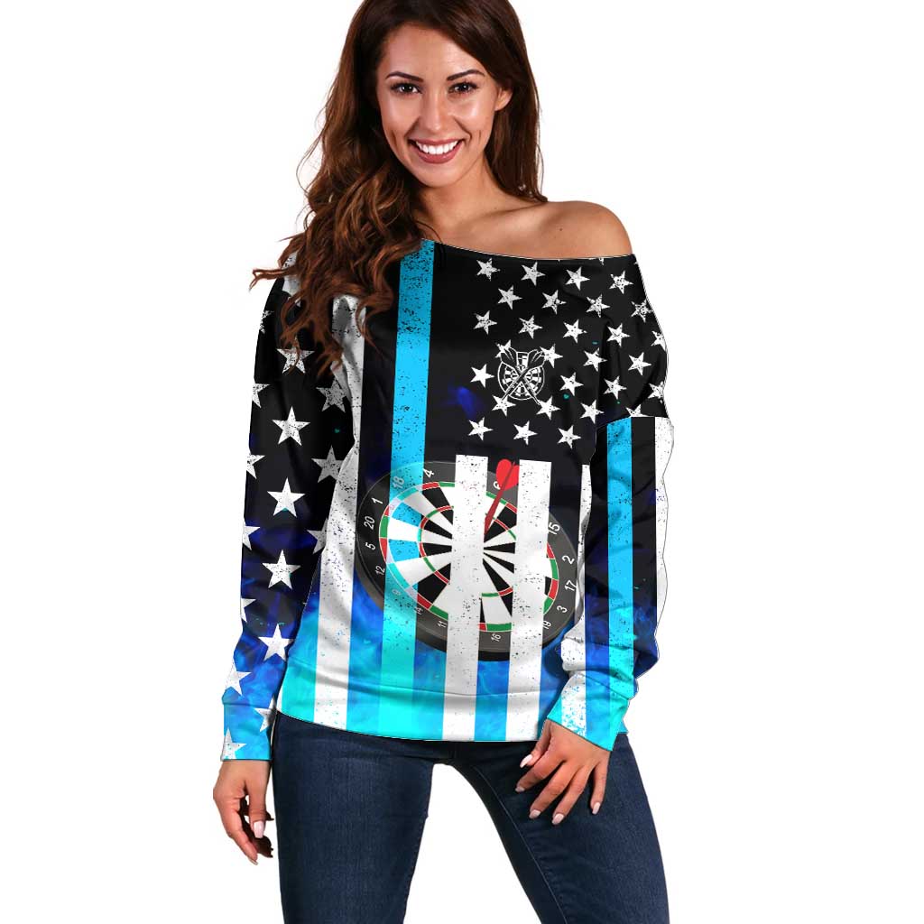 Personalized Blue Flame American Flag Dart Off Shoulder Sweater Patriotic Dartboard Design - Wonder Print Shop