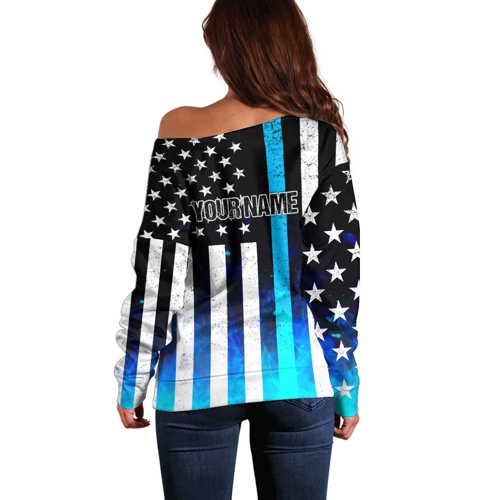 Personalized Blue Flame American Flag Dart Off Shoulder Sweater Patriotic Dartboard Design - Wonder Print Shop