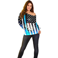 Personalized Blue Flame American Flag Dart Off Shoulder Sweater Patriotic Dartboard Design - Wonder Print Shop