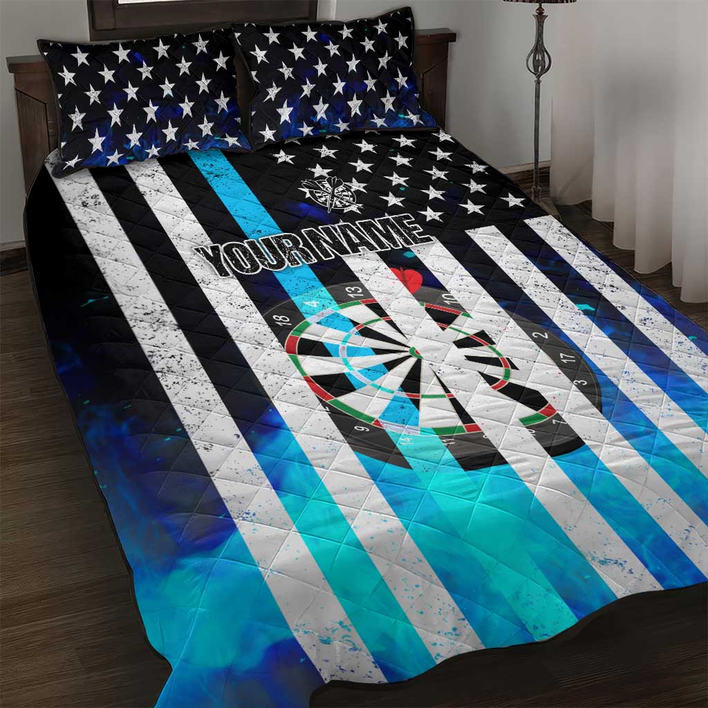 Personalized Blue Flame American Flag Dart Quilt Bed Set Patriotic Dartboard Design - Wonder Print Shop
