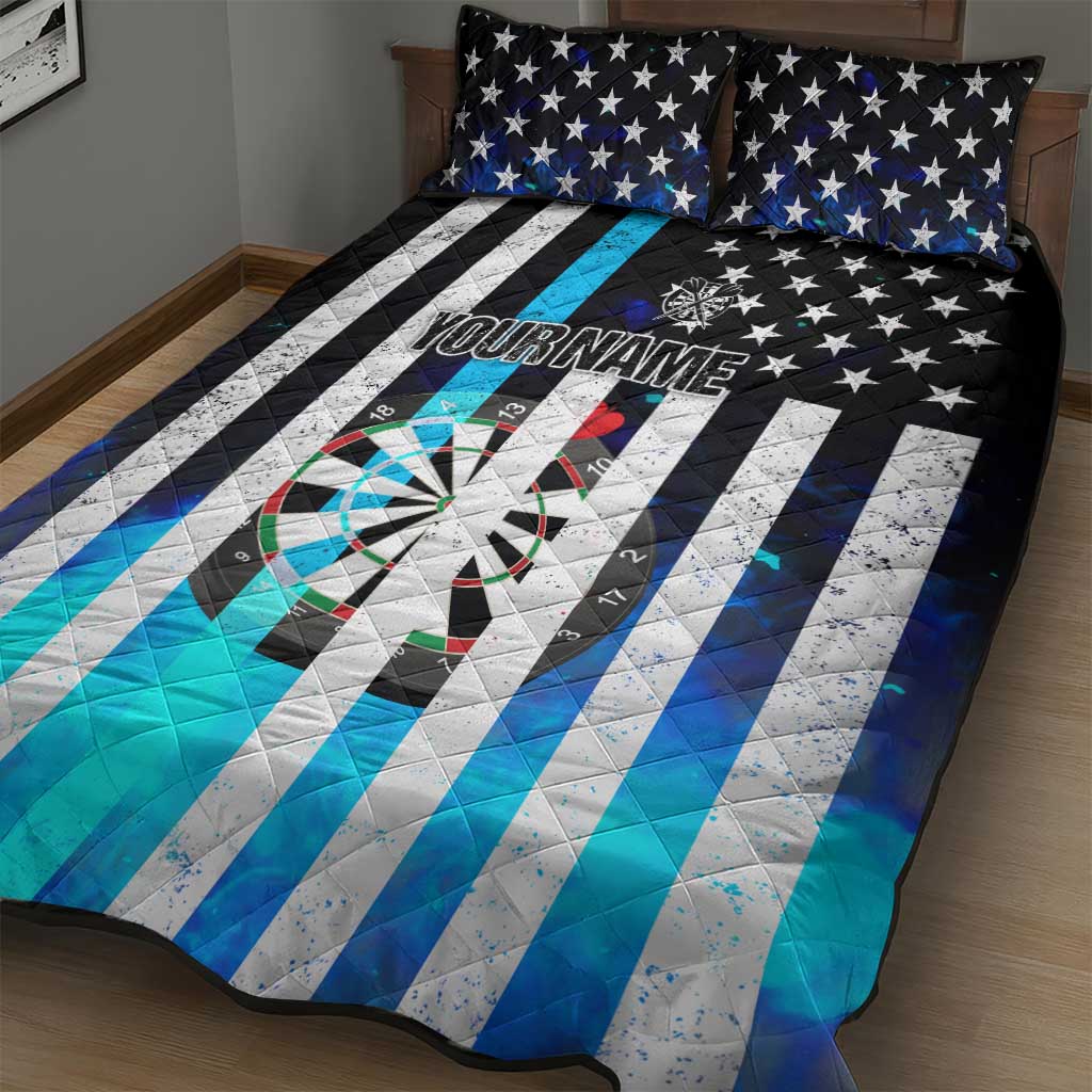 Personalized Blue Flame American Flag Dart Quilt Bed Set Patriotic Dartboard Design - Wonder Print Shop