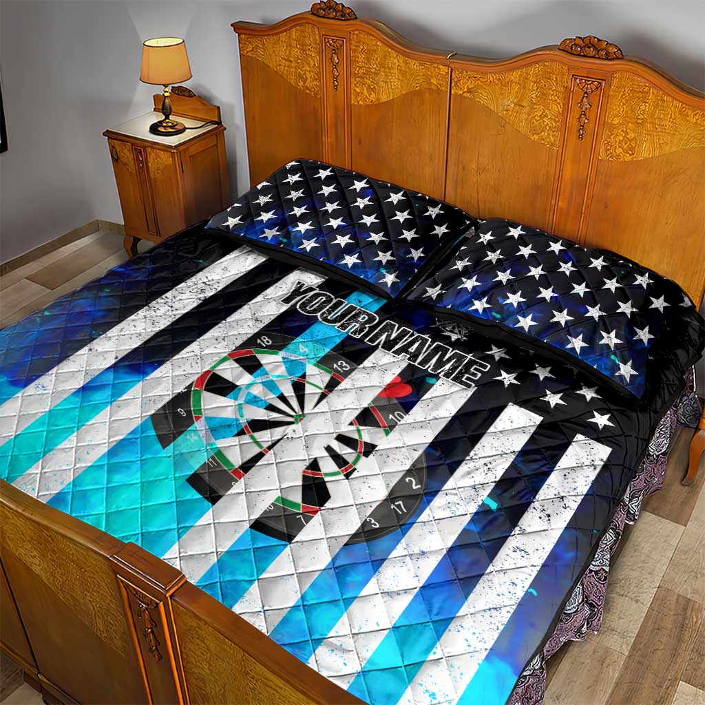 Personalized Blue Flame American Flag Dart Quilt Bed Set Patriotic Dartboard Design - Wonder Print Shop