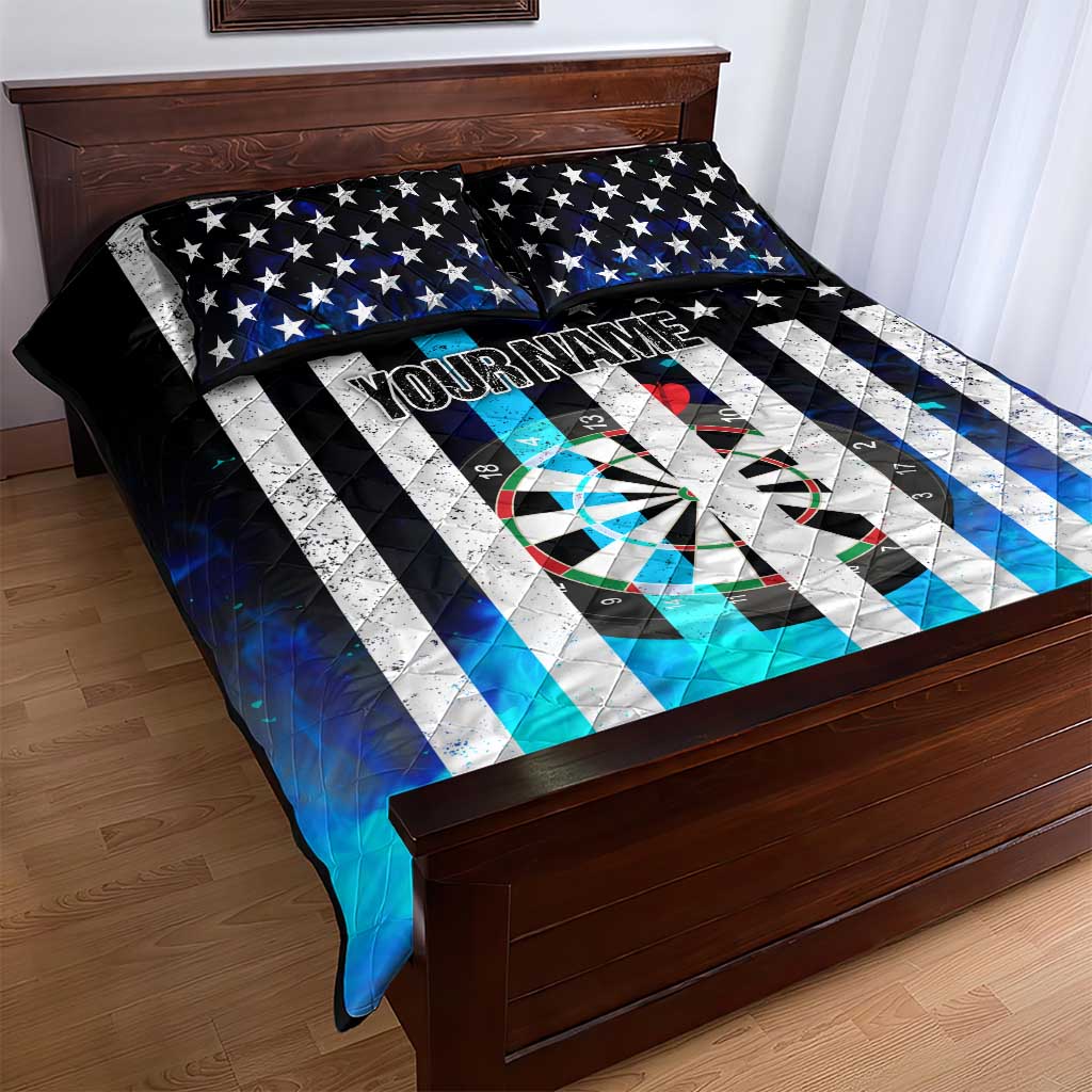 Personalized Blue Flame American Flag Dart Quilt Bed Set Patriotic Dartboard Design - Wonder Print Shop