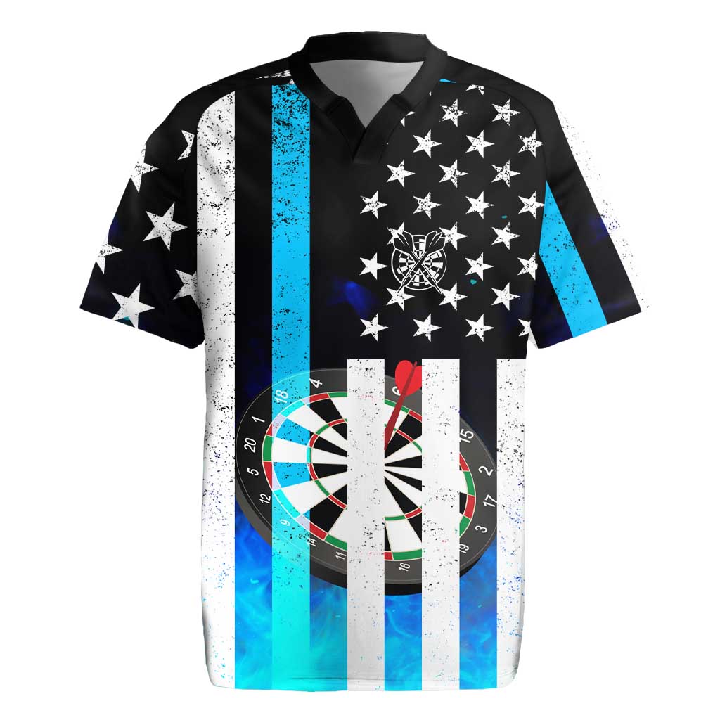 Personalized Blue Flame American Flag Dart Rugby Jersey Patriotic Dartboard Design - Wonder Print Shop