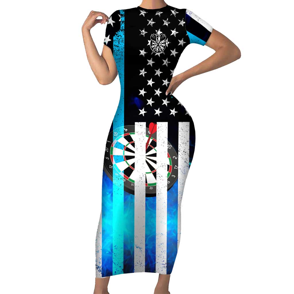 Personalized Blue Flame American Flag Dart Short Sleeve Bodycon Dress Patriotic Dartboard Design - Wonder Print Shop