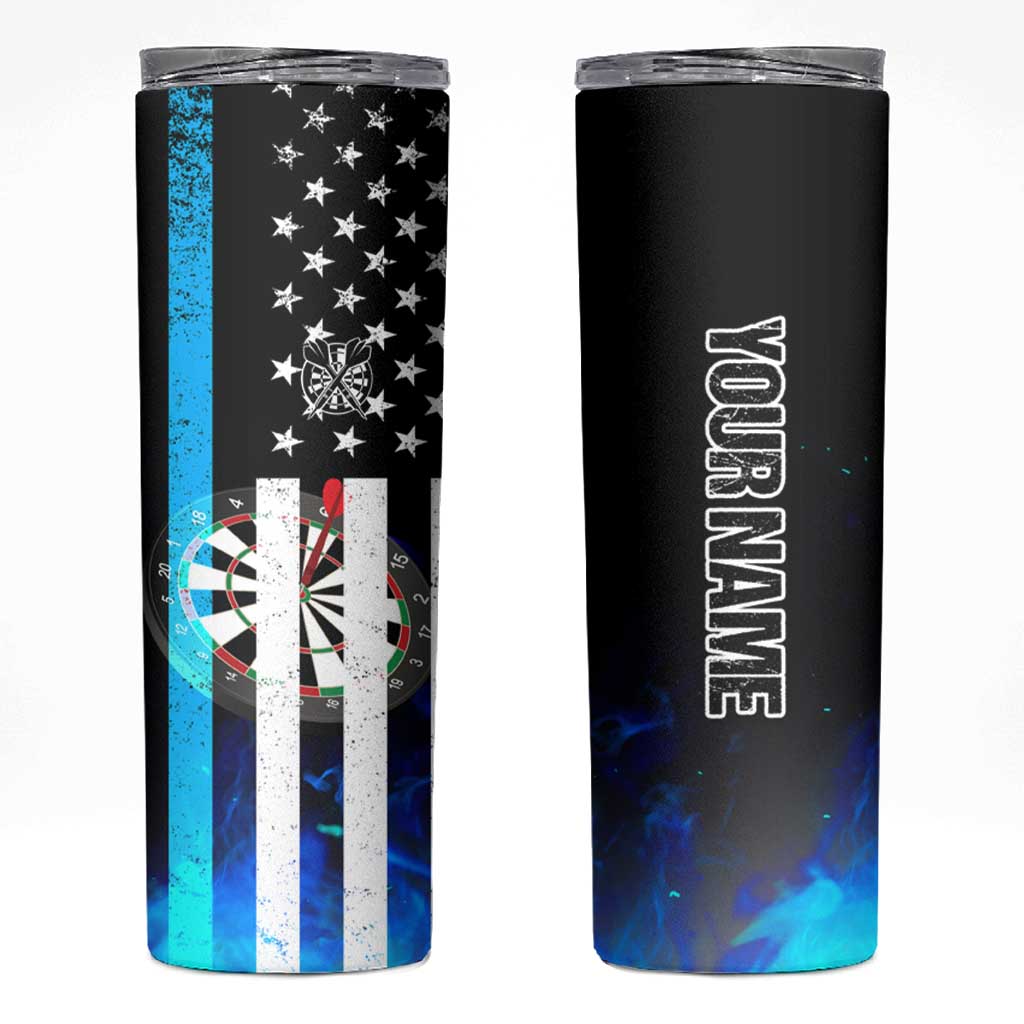Personalized Blue Flame American Flag Dart Skinny Tumbler Patriotic Dartboard Design - Wonder Print Shop