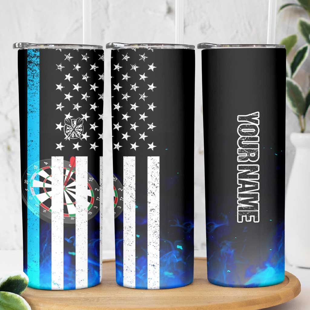 Personalized Blue Flame American Flag Dart Skinny Tumbler Patriotic Dartboard Design - Wonder Print Shop