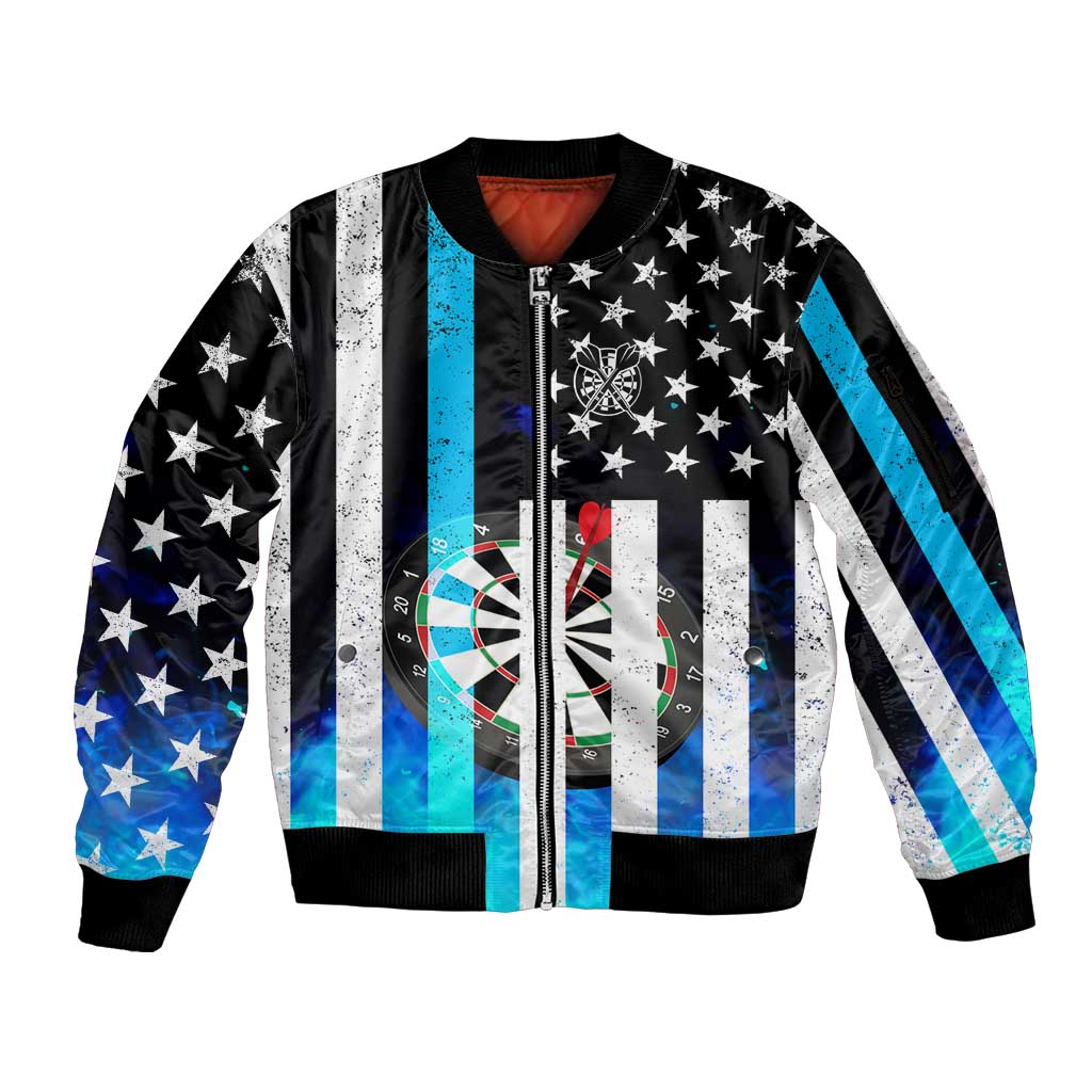 Personalized Blue Flame American Flag Dart Sleeve Zip Bomber Jacket Patriotic Dartboard Design - Wonder Print Shop