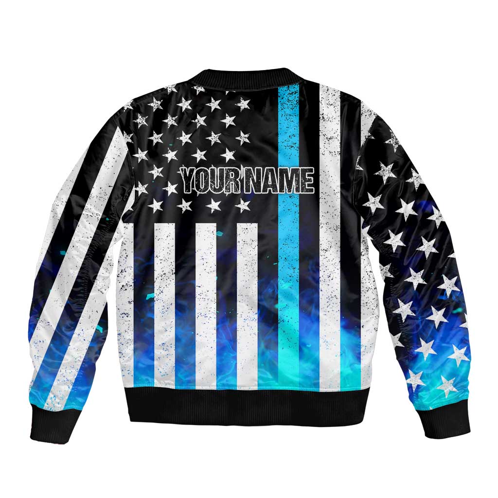 Personalized Blue Flame American Flag Dart Sleeve Zip Bomber Jacket Patriotic Dartboard Design - Wonder Print Shop
