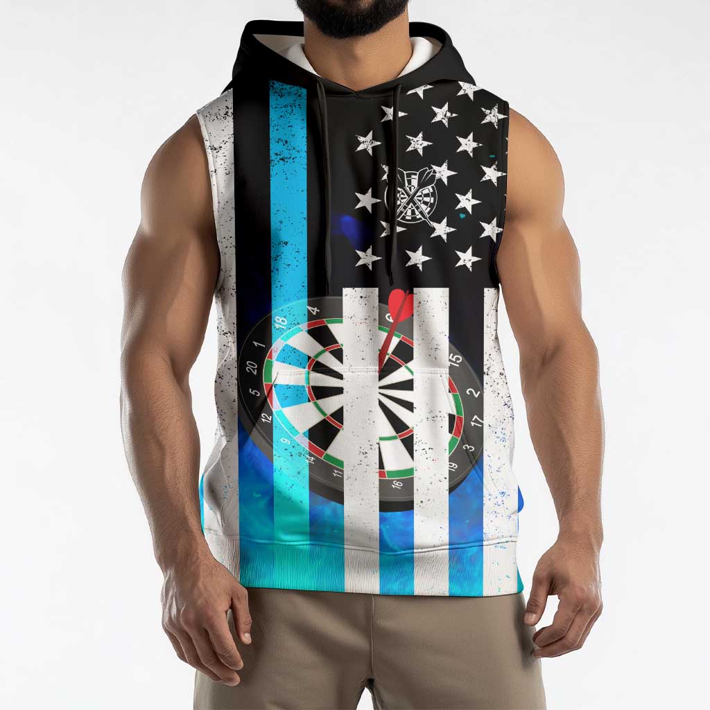 Personalized Blue Flame American Flag Dart Sleeveless Hoodie Patriotic Dartboard Design - Wonder Print Shop