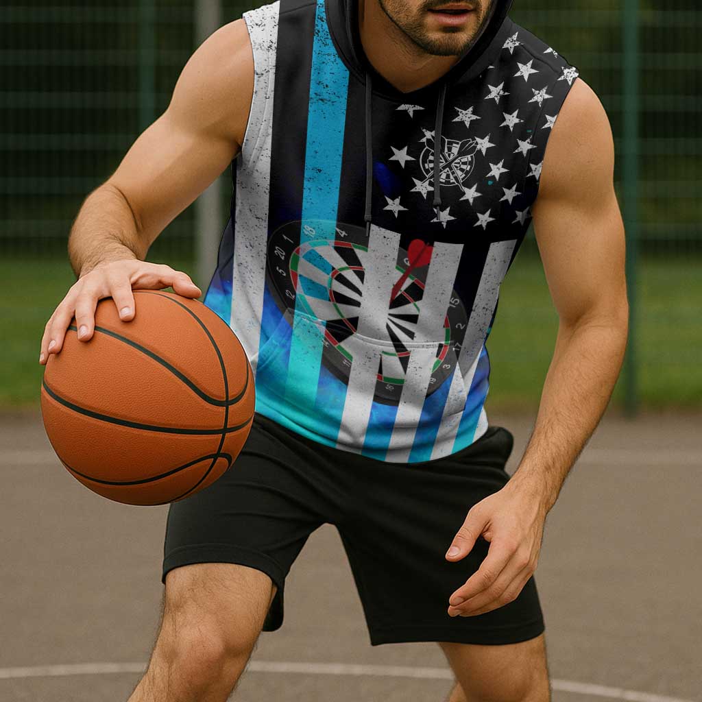Personalized Blue Flame American Flag Dart Sleeveless Hoodie Patriotic Dartboard Design - Wonder Print Shop