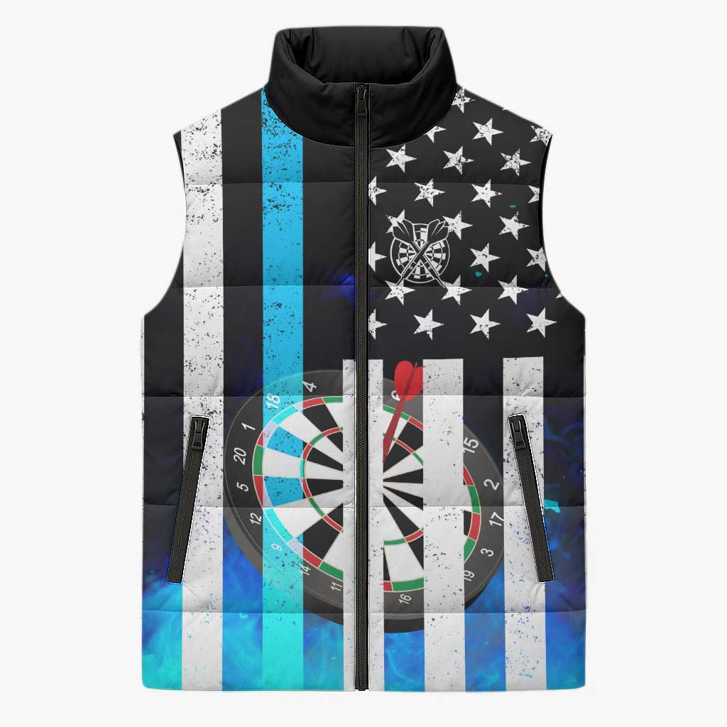 Personalized Blue Flame American Flag Dart Sleeveless Puffer Jacket Patriotic Dartboard Design - Wonder Print Shop