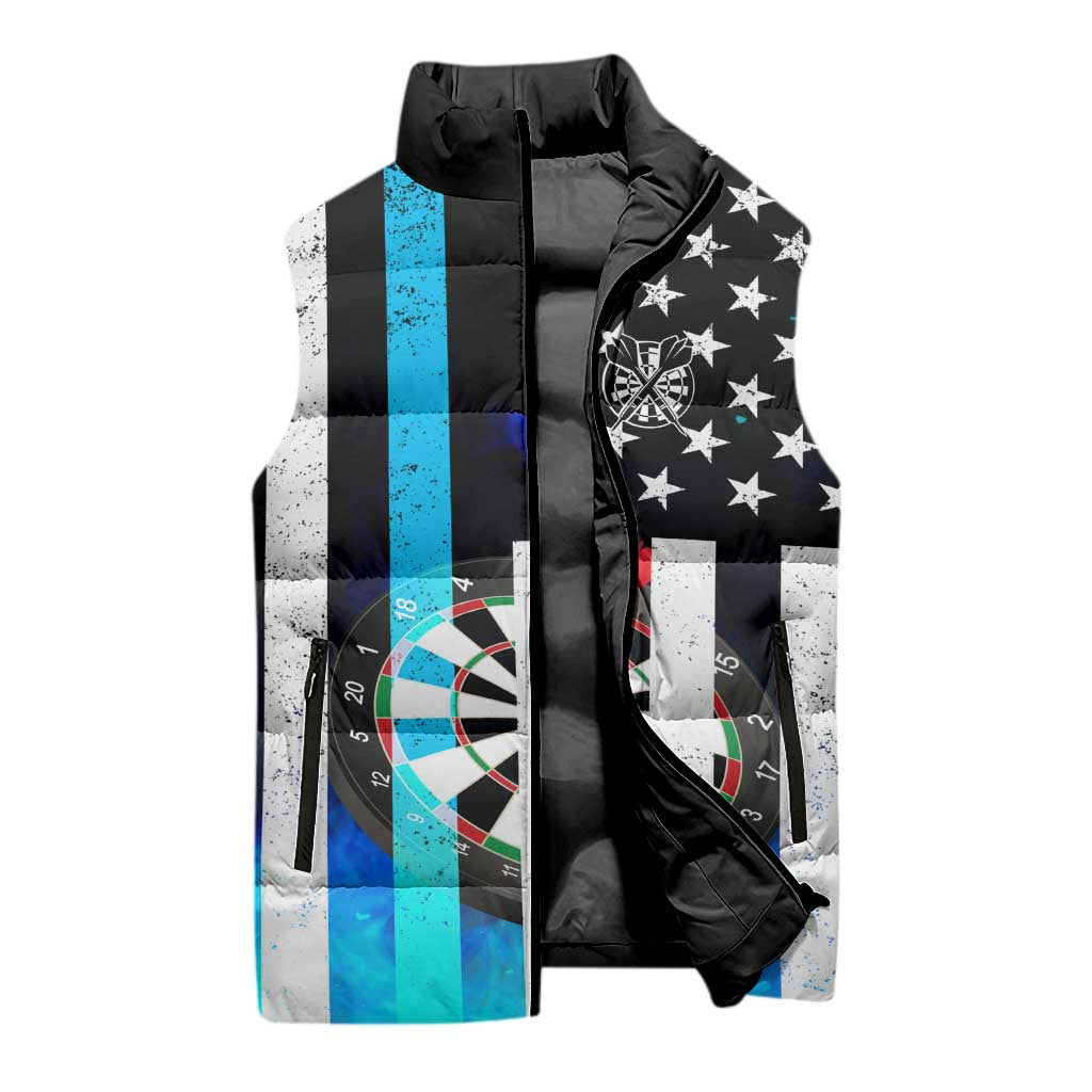 Personalized Blue Flame American Flag Dart Sleeveless Puffer Jacket Patriotic Dartboard Design - Wonder Print Shop