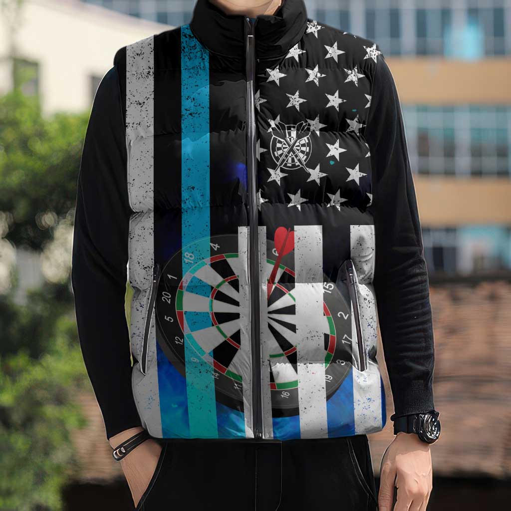 Personalized Blue Flame American Flag Dart Sleeveless Puffer Jacket Patriotic Dartboard Design - Wonder Print Shop