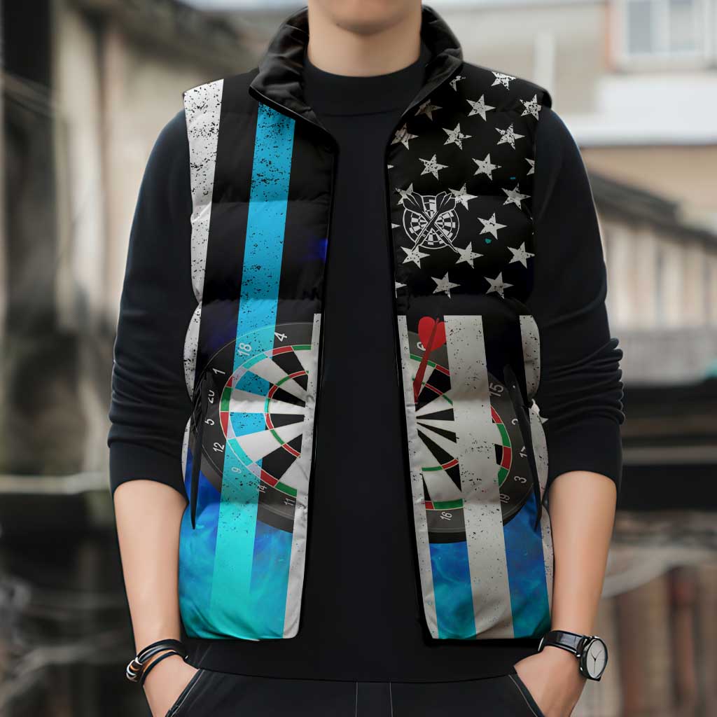 Personalized Blue Flame American Flag Dart Sleeveless Puffer Jacket Patriotic Dartboard Design - Wonder Print Shop