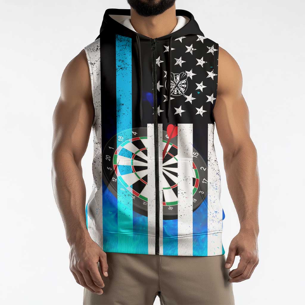 Personalized Blue Flame American Flag Dart Sleeveless Zip Hoodie Patriotic Dartboard Design - Wonder Print Shop