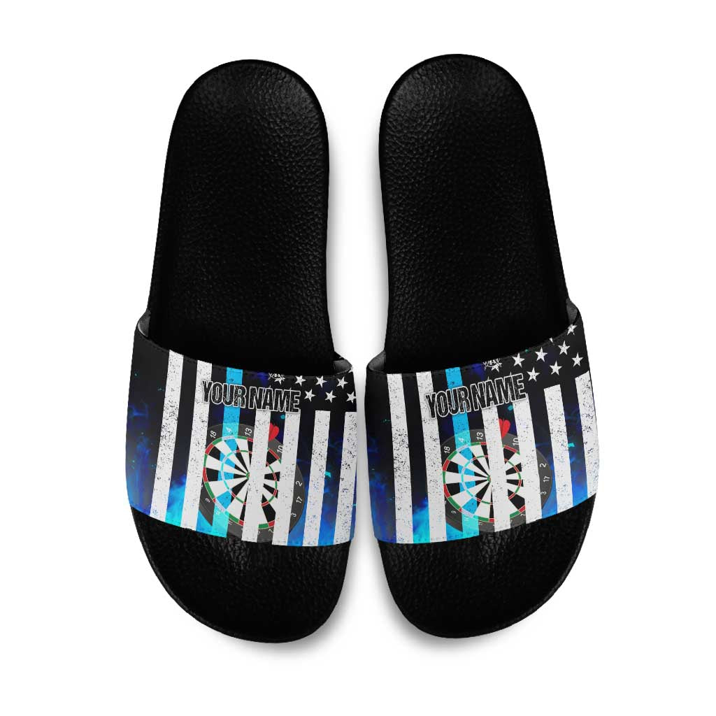 Personalized Blue Flame American Flag Dart Slide Sandals Patriotic Dartboard Design - Wonder Print Shop