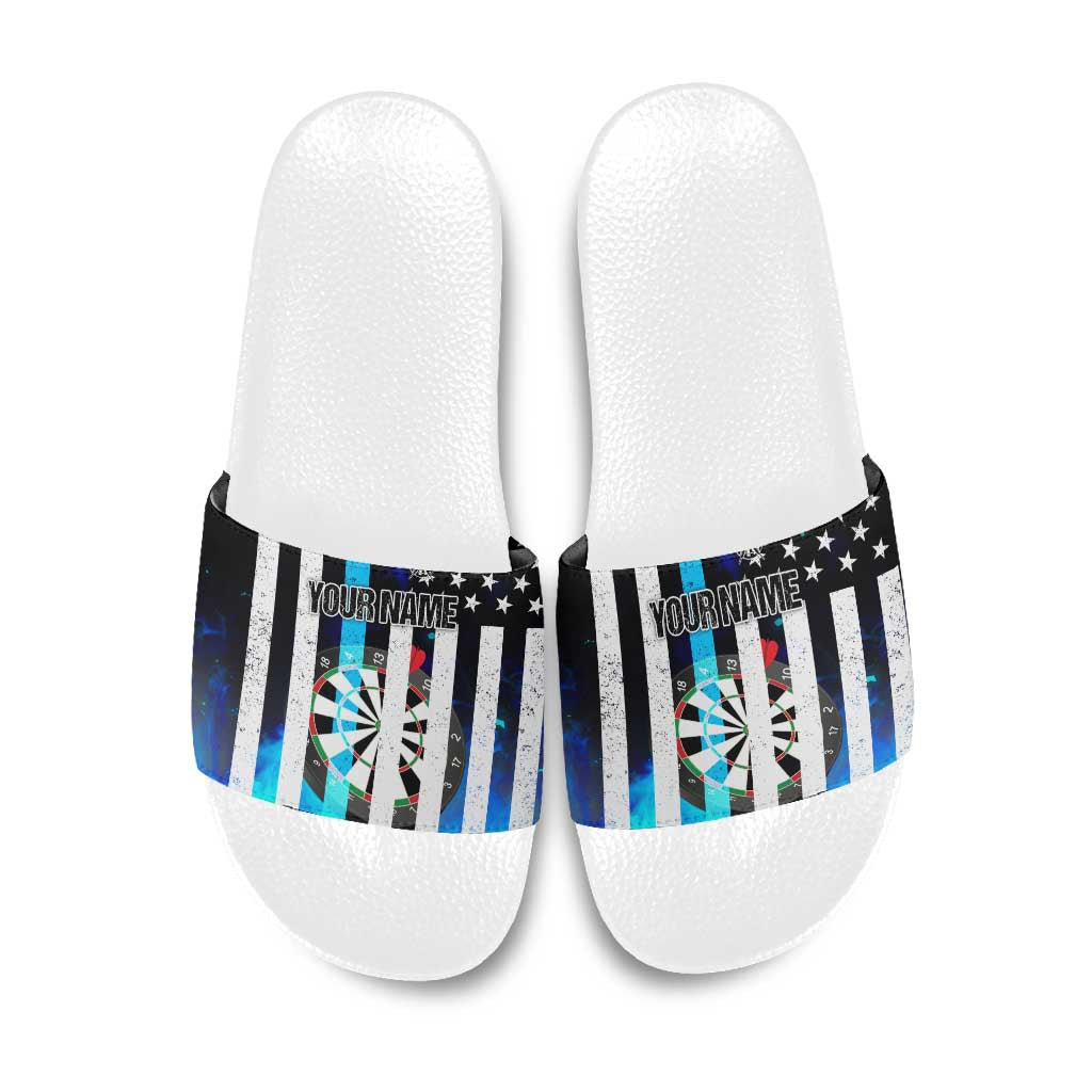 Personalized Blue Flame American Flag Dart Slide Sandals Patriotic Dartboard Design - Wonder Print Shop
