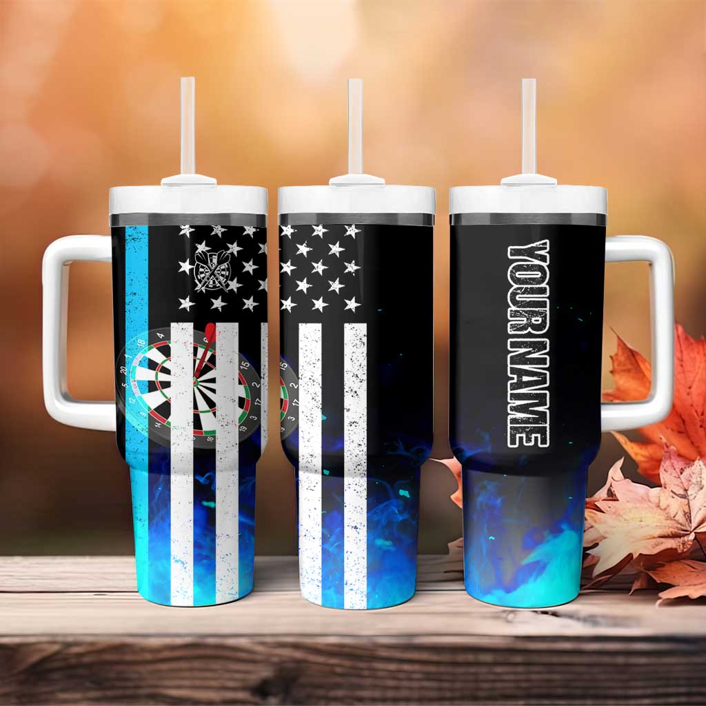Personalized Blue Flame American Flag Dart Tumbler With Handle Patriotic Dartboard Design - Wonder Print Shop