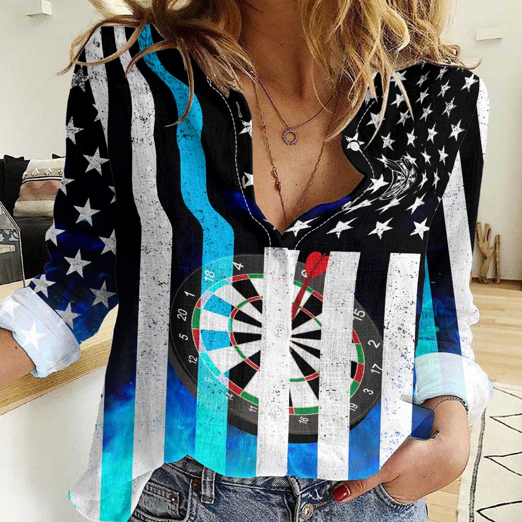 Personalized Blue Flame American Flag Dart Women Casual Shirt Patriotic Dartboard Design - Wonder Print Shop