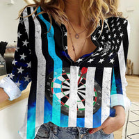 Personalized Blue Flame American Flag Dart Women Casual Shirt Patriotic Dartboard Design - Wonder Print Shop