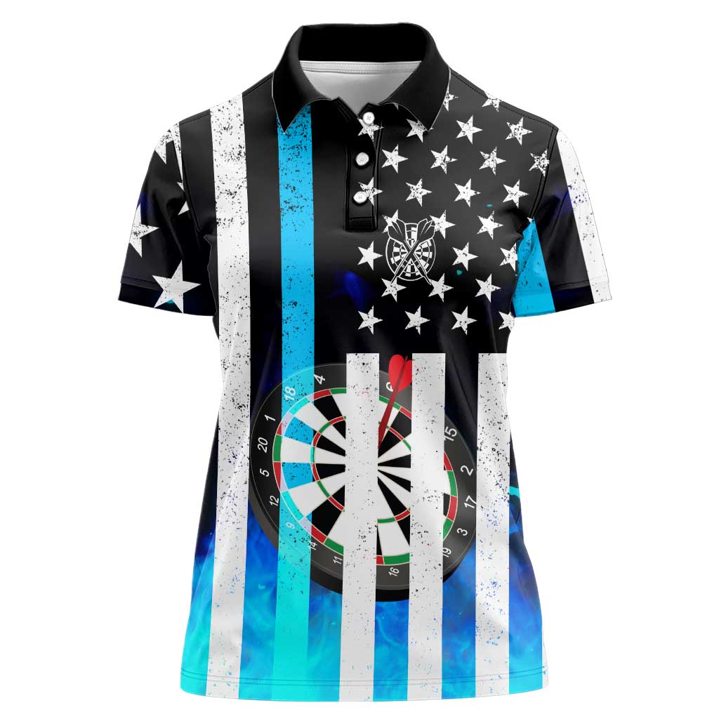 Personalized Blue Flame American Flag Dart Women Polo Shirt Patriotic Dartboard Design - Wonder Print Shop