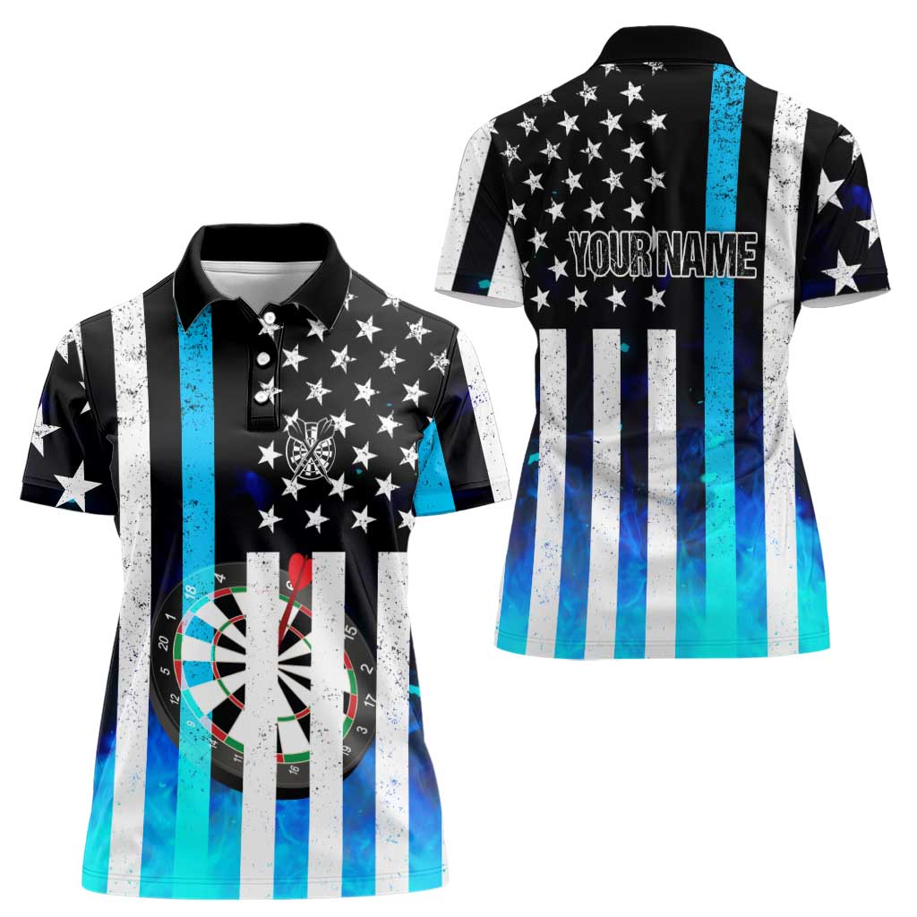 Personalized Blue Flame American Flag Dart Women Polo Shirt Patriotic Dartboard Design - Wonder Print Shop