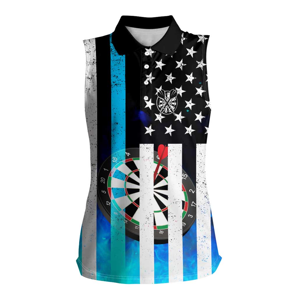 Personalized Blue Flame American Flag Dart Women Sleeveless Polo Shirt Patriotic Dartboard Design - Wonder Print Shop