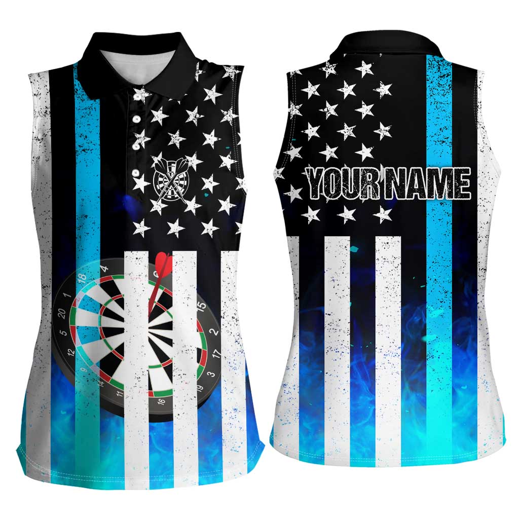 Personalized Blue Flame American Flag Dart Women Sleeveless Polo Shirt Patriotic Dartboard Design - Wonder Print Shop