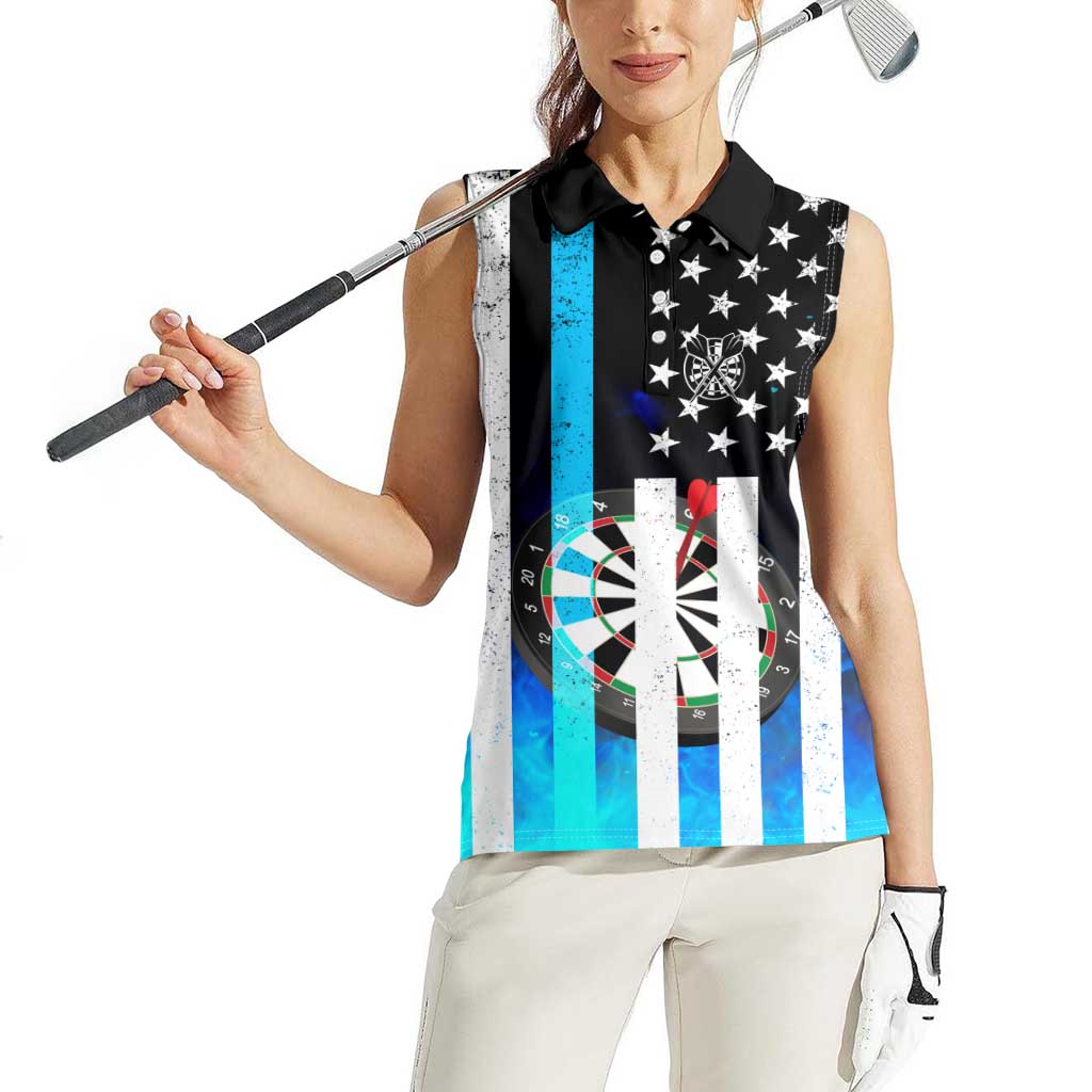 Personalized Blue Flame American Flag Dart Women Sleeveless Polo Shirt Patriotic Dartboard Design - Wonder Print Shop