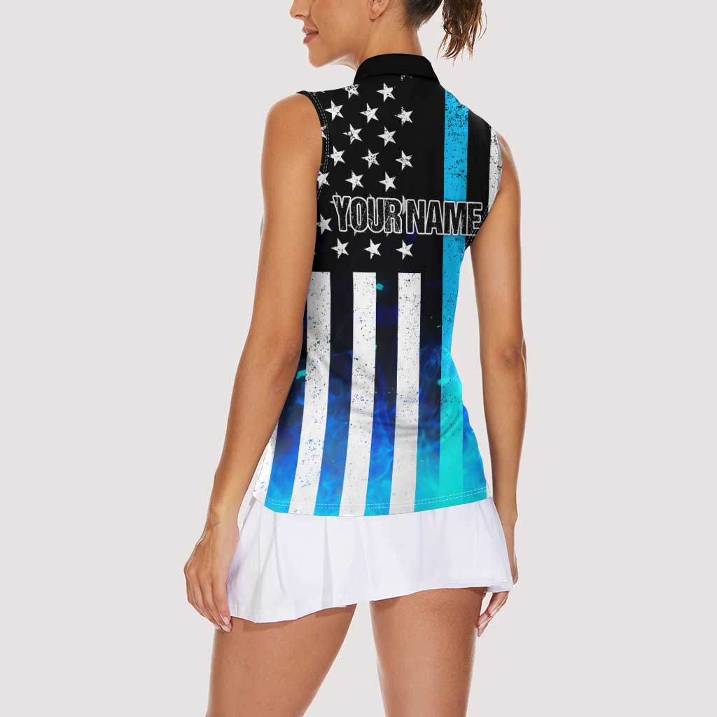 Personalized Blue Flame American Flag Dart Women Sleeveless Polo Shirt Patriotic Dartboard Design - Wonder Print Shop