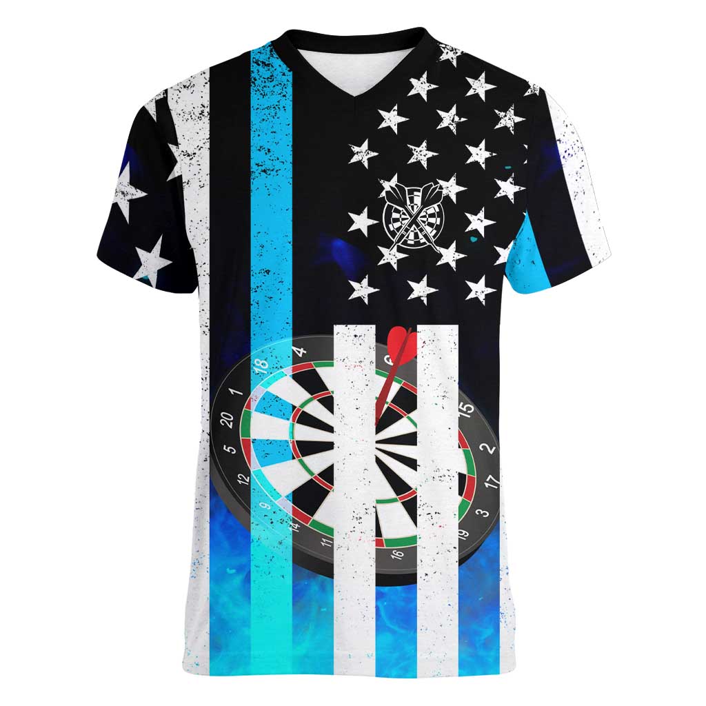 Personalized Blue Flame American Flag Dart Women V-Neck T-Shirt Patriotic Dartboard Design - Wonder Print Shop