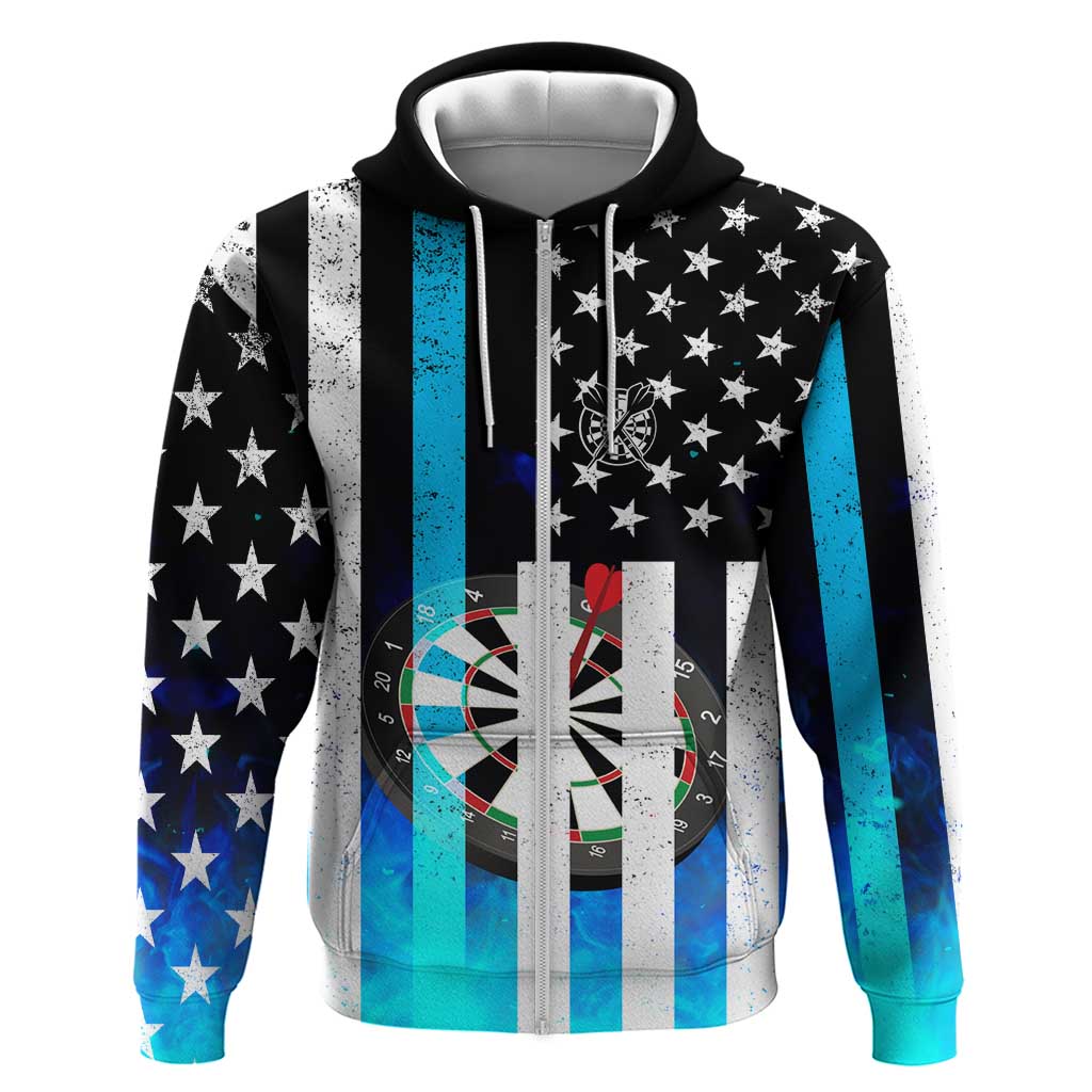 Personalized Blue Flame American Flag Dart Zip Hoodie Patriotic Dartboard Design - Wonder Print Shop
