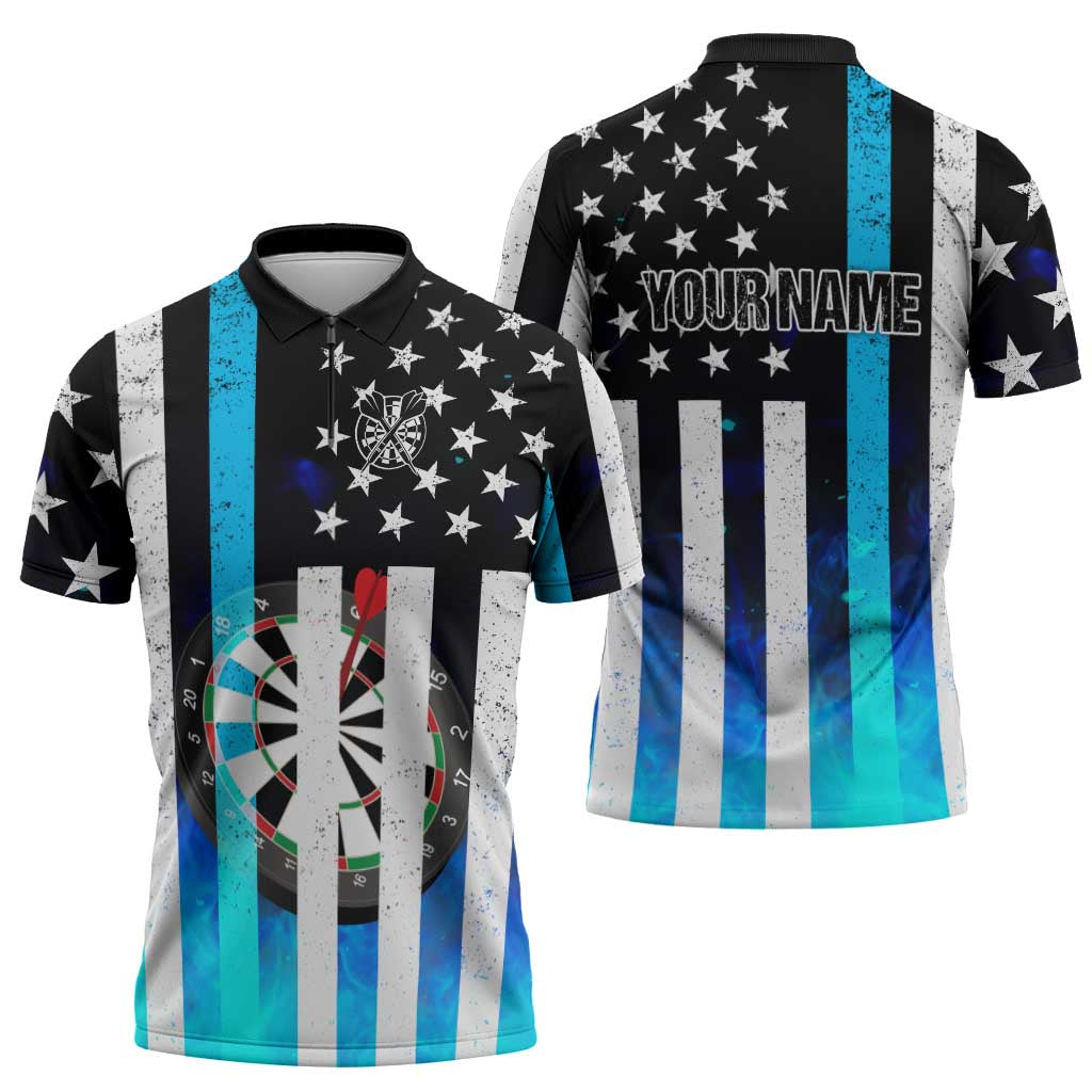 Personalized Blue Flame American Flag Dart Zipper Polo Shirt Patriotic Dartboard Design - Wonder Print Shop