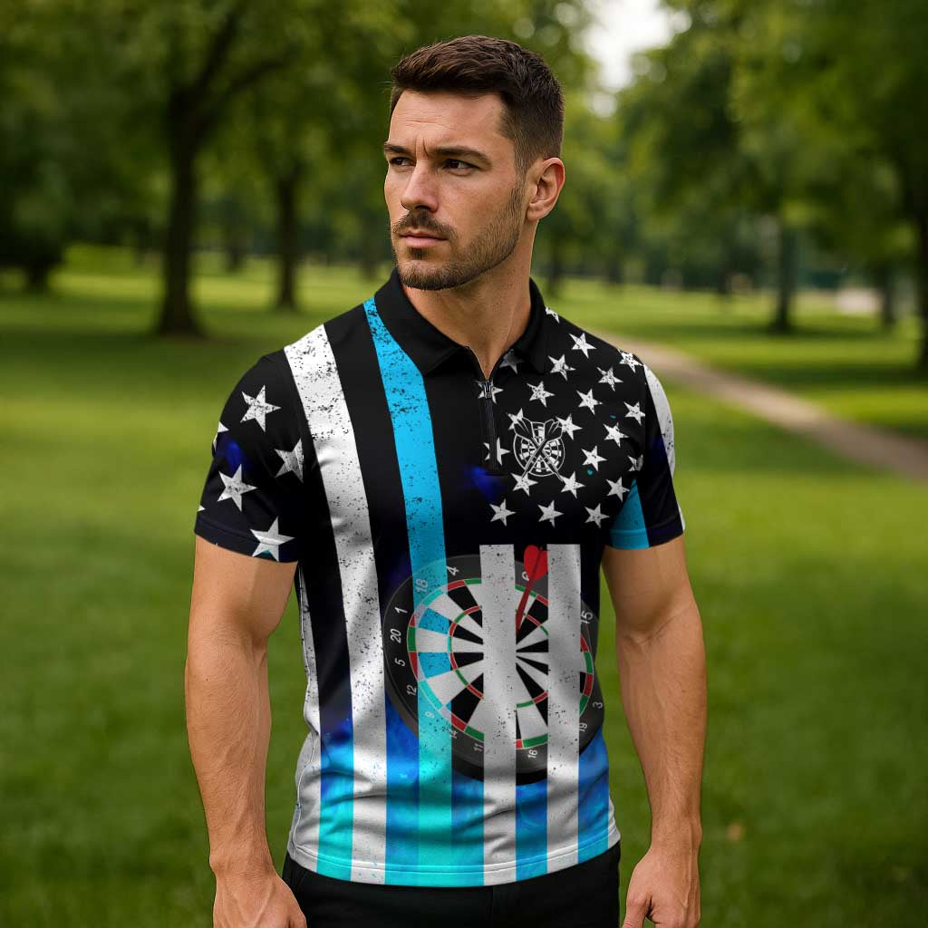 Personalized Blue Flame American Flag Dart Zipper Polo Shirt Patriotic Dartboard Design - Wonder Print Shop
