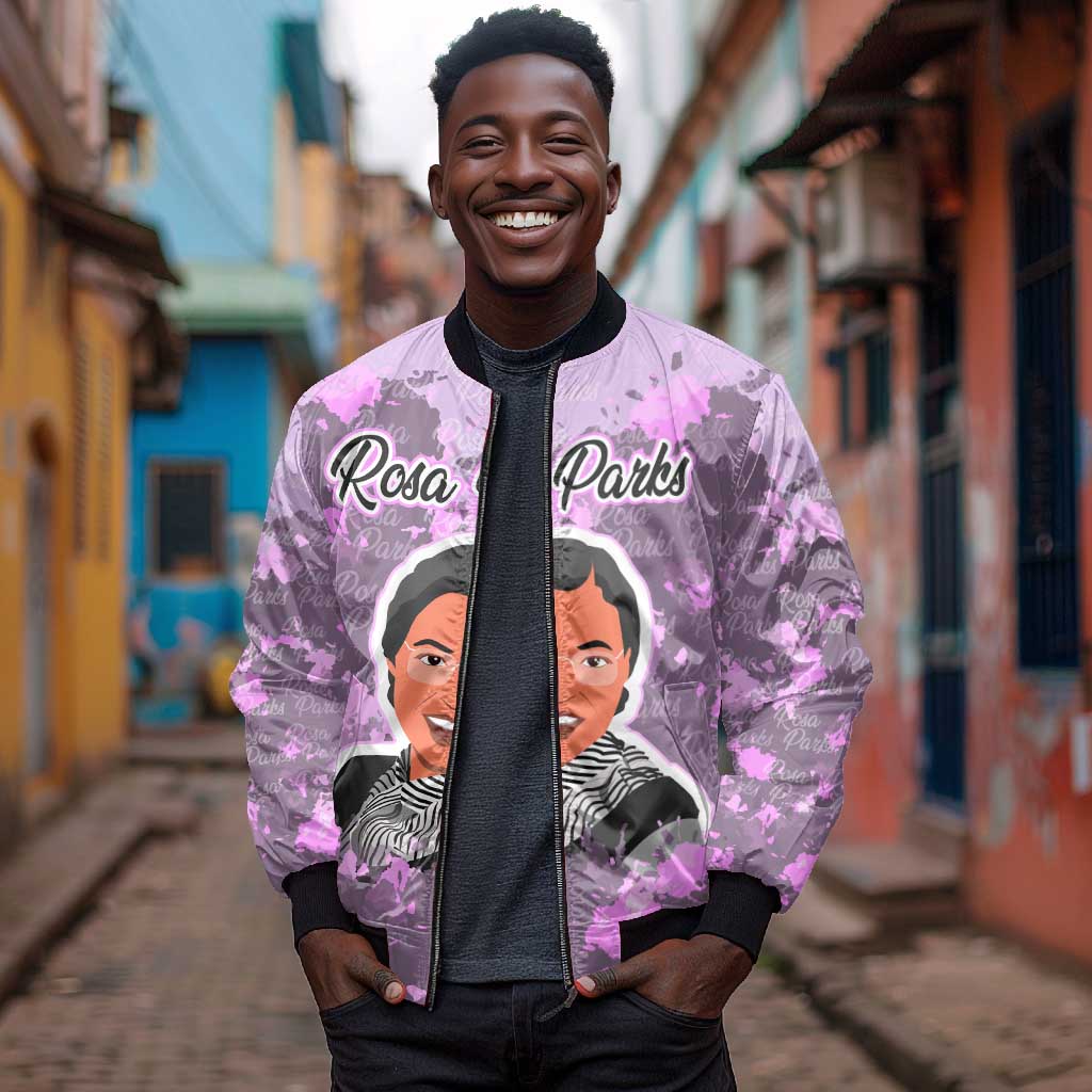 Rosa Parks Bomber Jacket Purple Floral Pattern Civil Rights Tribute Bold Name Repeated Text Design - Wonder Print Shop