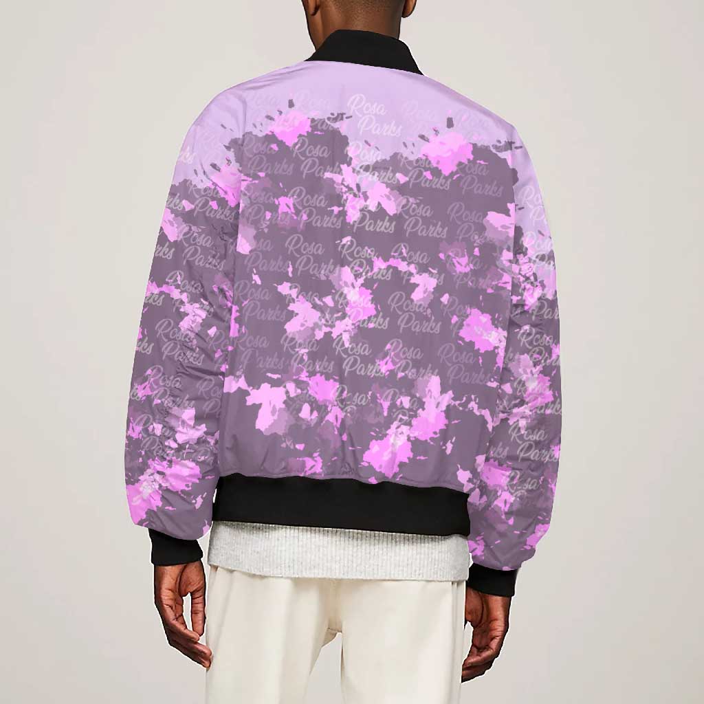 Rosa Parks Bomber Jacket Purple Floral Pattern Civil Rights Tribute Bold Name Repeated Text Design - Wonder Print Shop