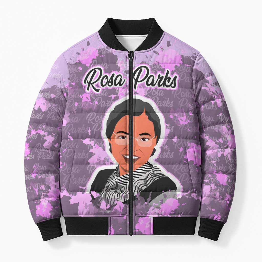 Rosa Parks Bomber Puffer Jacket Purple Floral Pattern Civil Rights Tribute Bold Name Repeated Text Design - Wonder Print Shop