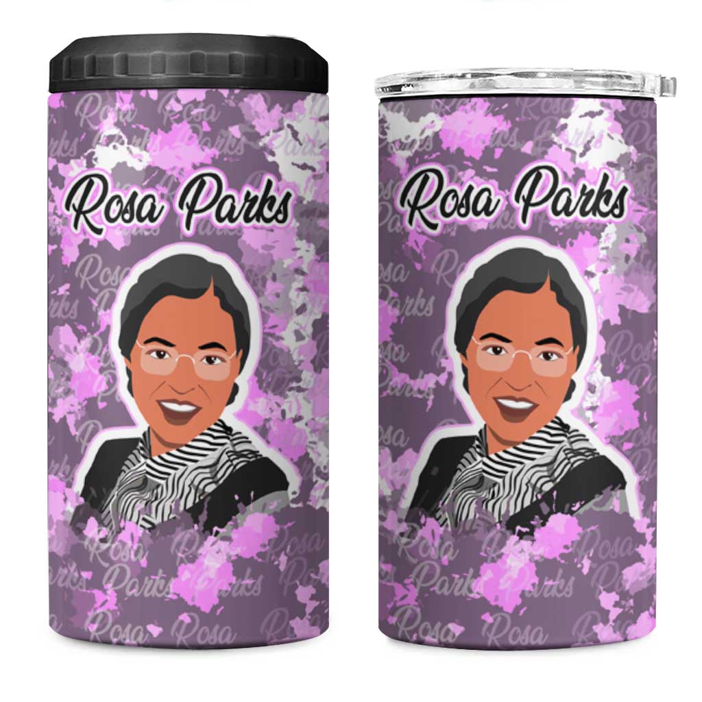 Rosa Parks 4 in 1 Can Cooler Tumbler Purple Floral Pattern Civil Rights Tribute Bold Name Repeated Text Design - Wonder Print Shop